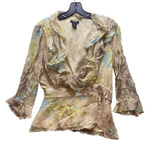 Bob Mackie Shirt Womens 10 Silk Ruffle Blouse Floral Art to Wear‎ Bloomcore